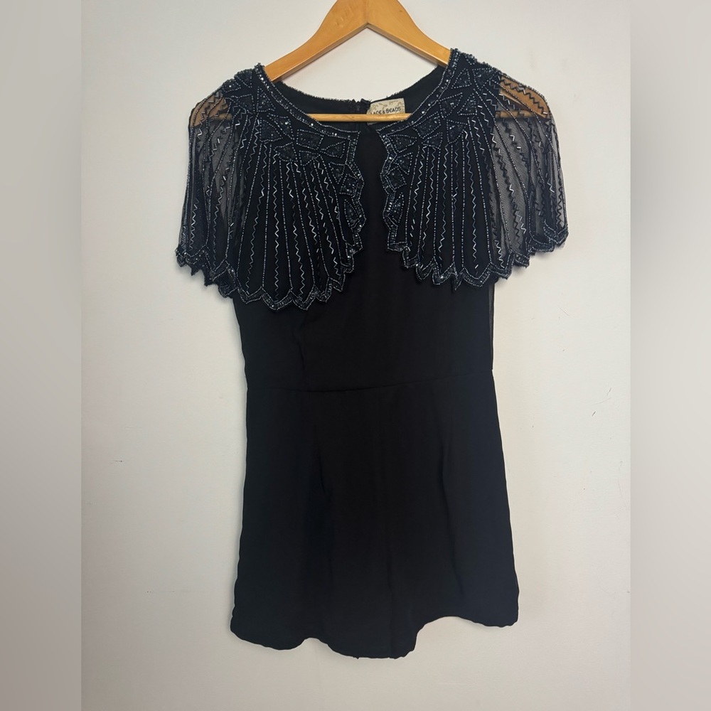 Black Beaded Capelet Romper